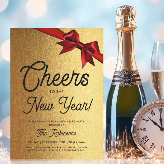 MODERN New Years Eve Party Gold Glam Red Bow Invitation (MODERN New Years Eve Party Gold Glam Red Bow Invitation)