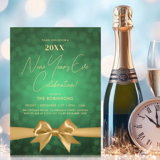 MODERN New Years Eve Party Green Bokeh Gold Bow Invitation (MODERN New Years Eve Party Green Bokeh Gold Bow Invitation)