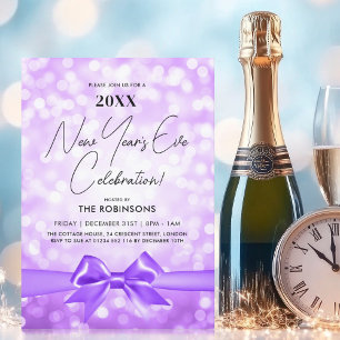 MODERN New Years Eve Party Purple Bokeh Bow Invitation