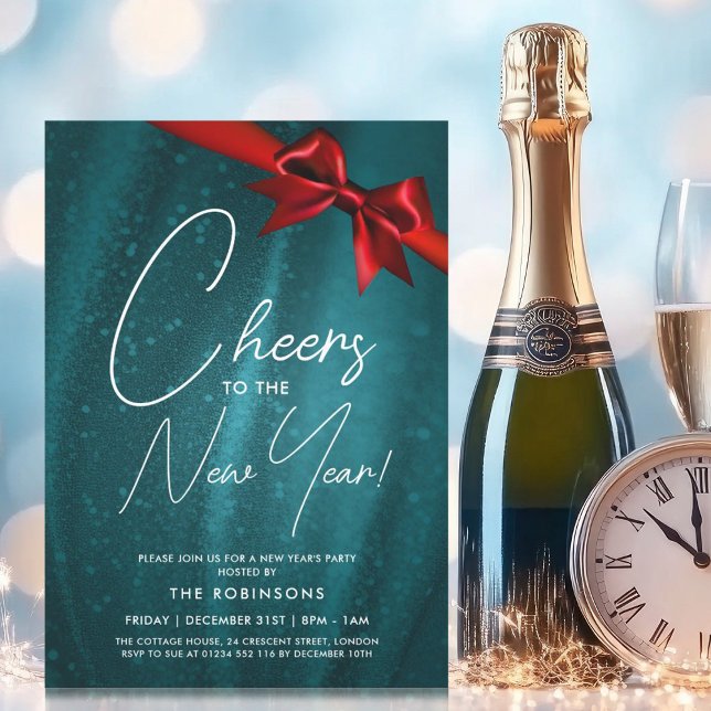 MODERN New Years Eve Teal Sparkle Sequin Bow Invitation (MODERN New Years Eve Teal Sparkle Sequin Bow Invitation)