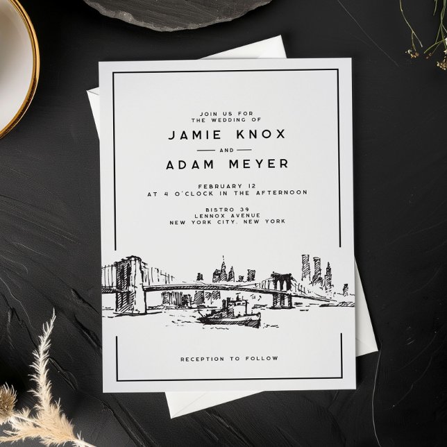 Modern New York City Brooklyn Sketch Wedding Invitation (Creator Uploaded)