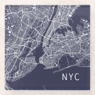 Modern New York City Map   NYC   Blue & White Glass Coaster