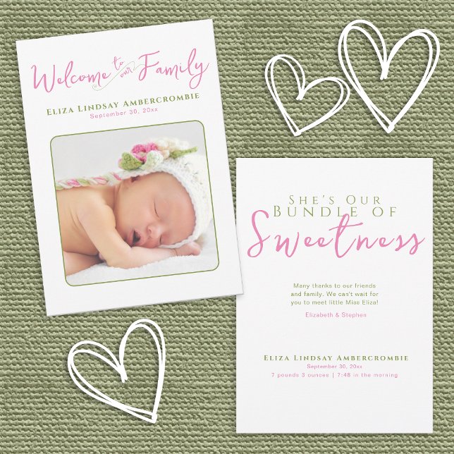 Modern Newborn Baby Girl Birth Announcement (Sweet and Modern Newborn Baby Girl Front & Back Announcement.)