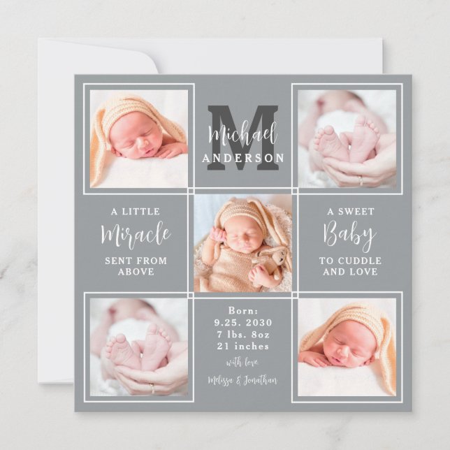 Modern Newborn Baby Personalised 5 Photo Birth Announcement (Front)