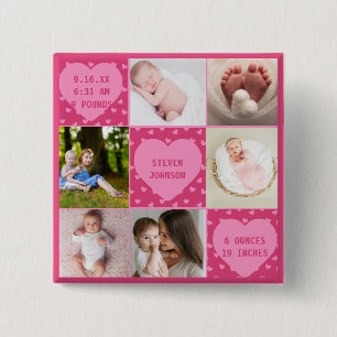 Modern Newborn Baby Personalised 6 Photo Collage  15 Cm Square Badge