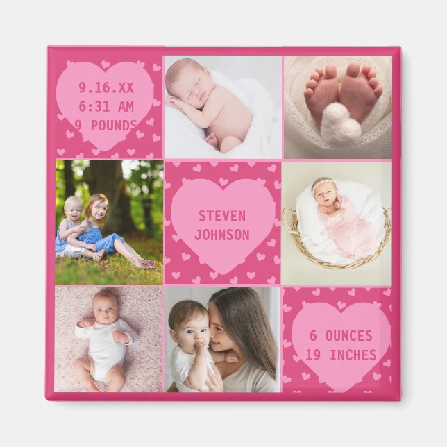 Modern Newborn Baby Personalised 6 Photo Collage  Magnet (Front)