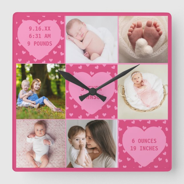 Modern Newborn Baby Personalised 6 Photo Collage  Square Wall Clock (Front)