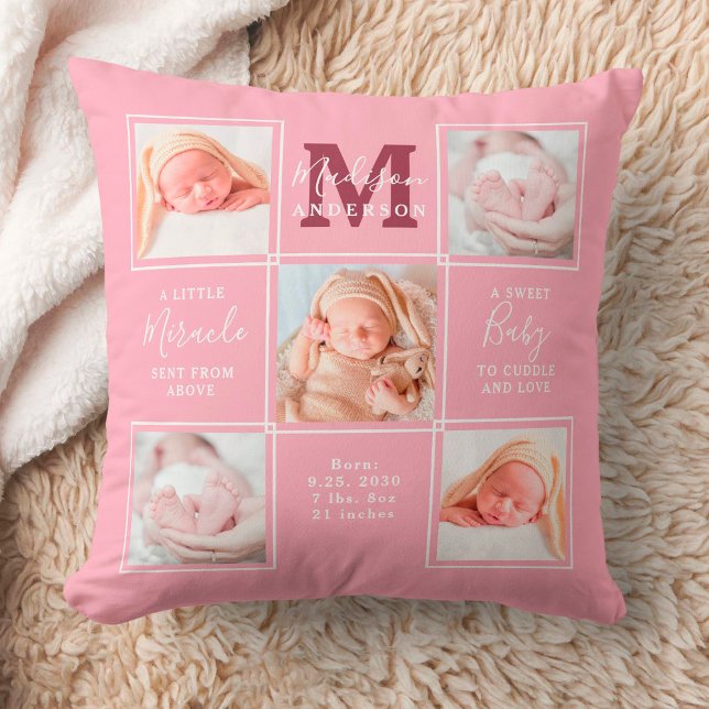 Modern Newborn Personalised 5 Photo Collage Pink Cushion (Creator Uploaded)
