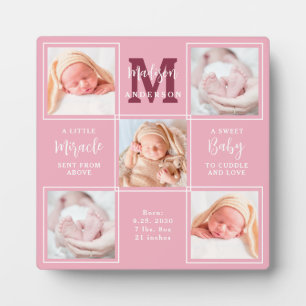 Modern Newborn Personalised 5 Photo Collage Pink Plaque