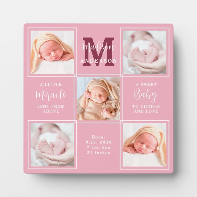 Modern Newborn Personalised 5 Photo Collage Pink Plaque (Front)