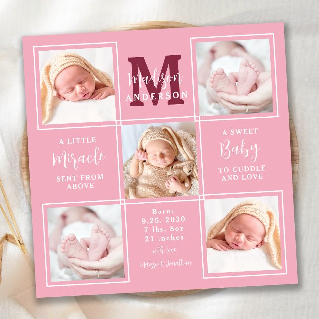 Modern Newborn Personalised 5 Photo Pink Birth Announcement (Creator Uploaded)