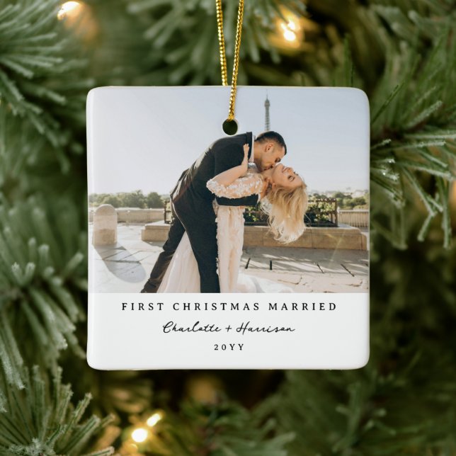 Modern Newly Weds 1st Christmas Photo Christmas Ceramic Ornament (Tree)