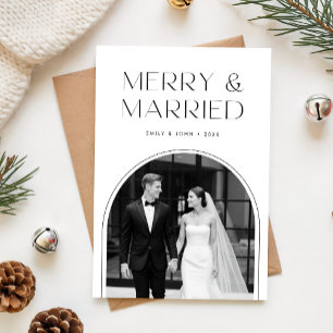 Modern Newlywed Black & White Arch Photo Christmas Holiday Card