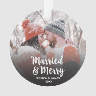 Modern Newlywed Married and Merry Photo Ornament