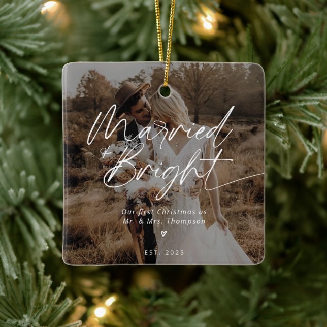 Modern Newlywed Married First Christmas Photo Ceramic Ornament (Tree)
