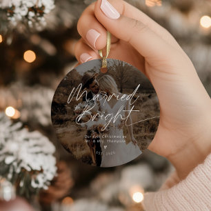 Modern Newlywed Married First Christmas Photo Ceramic Tree Decoration