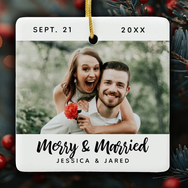 Modern Newlywed Merry and Married Photo Christmas Ceramic Ornament (Add your photo to this elegant newlywed Christmas ornament)