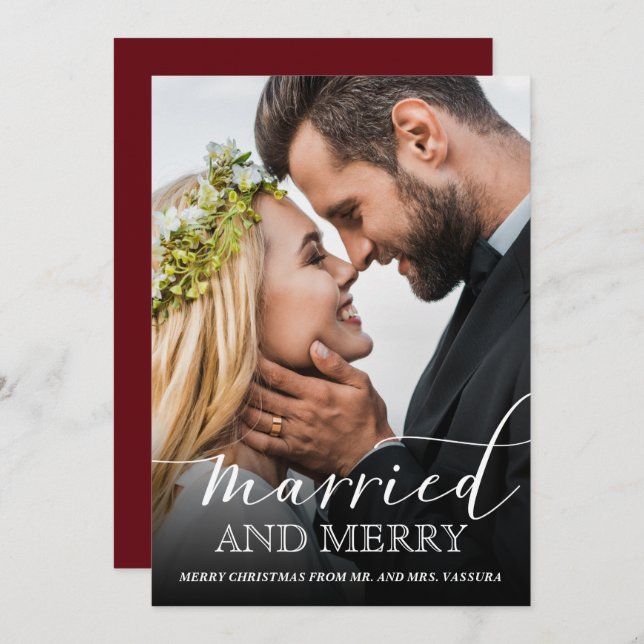 Modern Newlywed Photo Married and Merry Holiday Card (Front/Back)