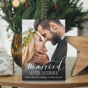 Modern Newlywed Photo Married and Merry Holiday Card