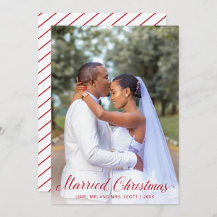 Modern Newlywed Photo Red Script Elegant Christmas Holiday Card