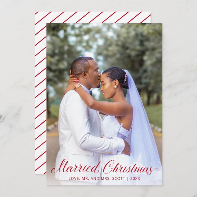Modern Newlywed Photo Red Script Elegant Christmas Holiday Card (Front/Back)