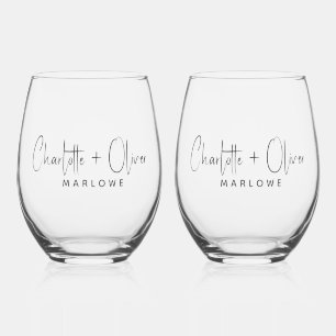 Modern Newlyweds Name Monogram Stemless Wine Glass