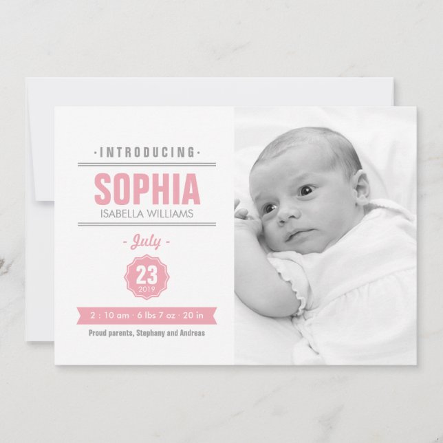 Modern News Pink Baby Birth Photo Announcement (Front)