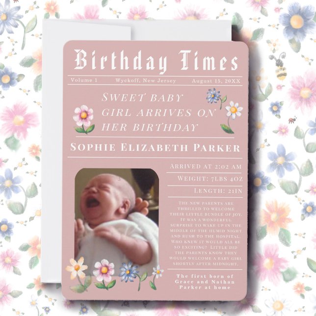 Modern Newspaper Flat Birth Announcement Card (Creator Uploaded)