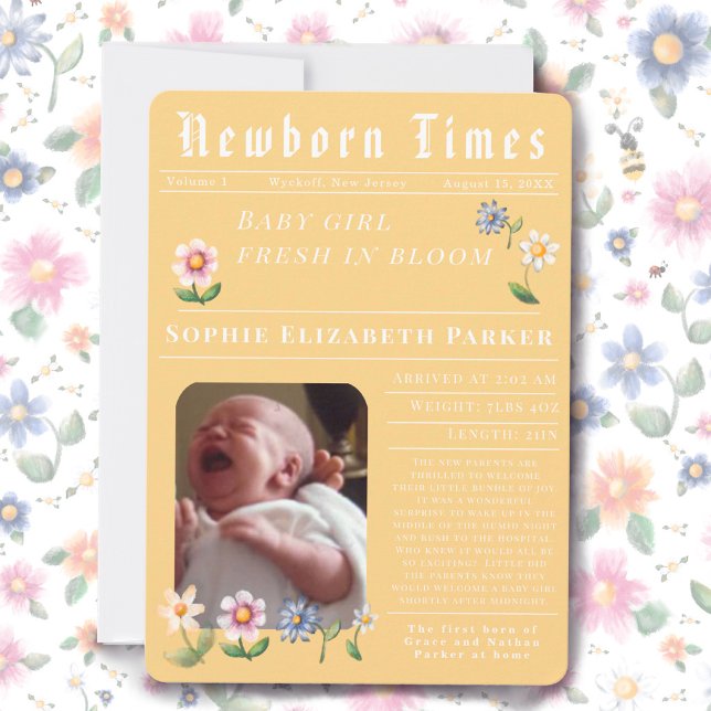 Modern Newspaper Flat Birth Announcement Card (Creator Uploaded)