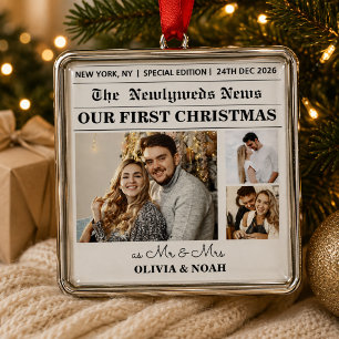 Modern Newspaper Newlyweds First Married Metal Tree Decoration