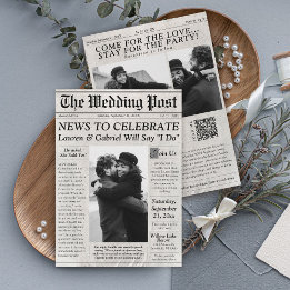 Modern Newspaper Photo QR Code Wedding Invitation