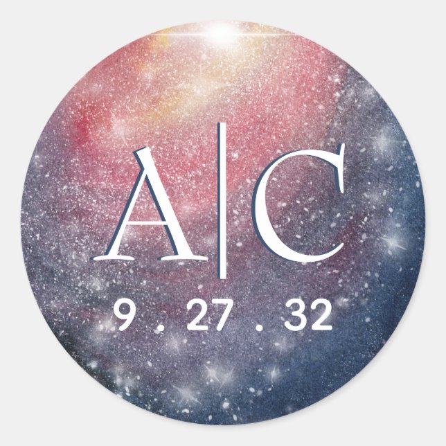 Modern Night Sky Galaxy Blue Purple Red Initials Classic Round Sticker (Front)