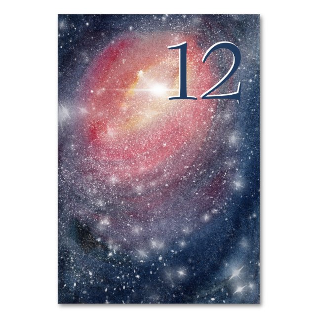 Modern Night Sky Galaxy Blue Purple Red Table Number (Front)