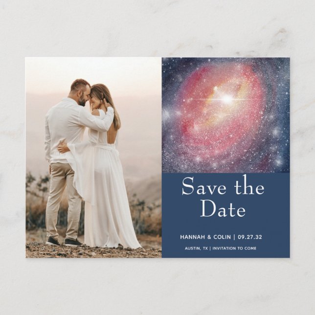 Modern Night Sky Galaxy Blue Purple Save The Date Postcard (Front)