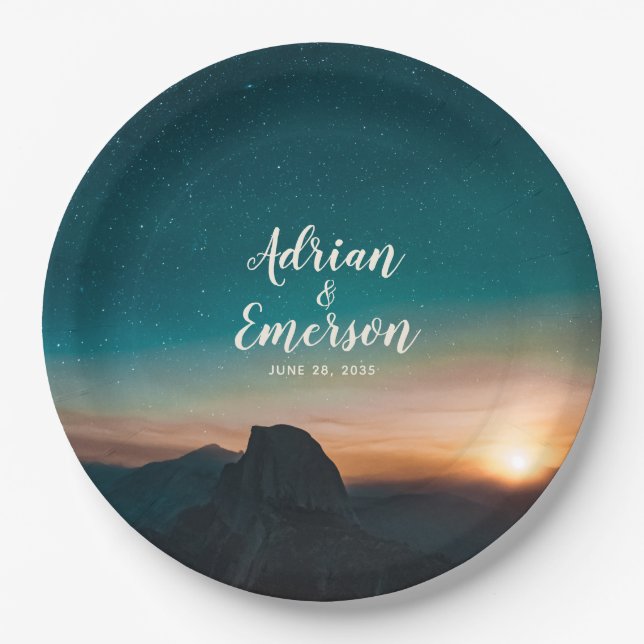 Modern Night Sky Mountain Galaxy Sunrise Wedding Paper Plate (Front)