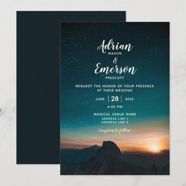 Modern Night Sky Mountain Sunrise Teal Wedding Invitation (Front/Back)