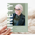 Modern NINETY Photo 90th Birthday Party Invitation<br><div class="desc">Honour your loved one's 90 years with a modern, stylish, and personal touch! Our customisable invitation design features a soothing sage green background, a beautiful portrait photo, and bold 'NINETY' text. Easily change the background colours and personalise your text to make a stunning invitation for any age, birthday party, or...</div>