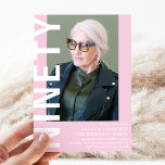 Modern NINETY Photo 90th Birthday Party Invitation<br><div class="desc">Modern 90th Birthday Invitation - Design features a pink background that can be changed to any colour,  a portrait photograph,  the 'NINETY' in bold white font and an elegant birthday party template that can easily be personalised. Stylish,  trendy and perfect for any age!</div>
