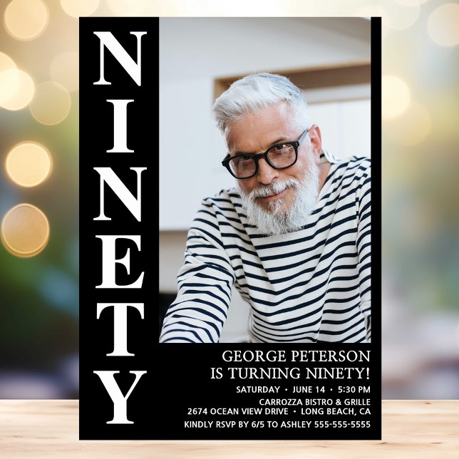 Modern NINETY Photo 90th Birthday Party Invitation (Creator Uploaded)
