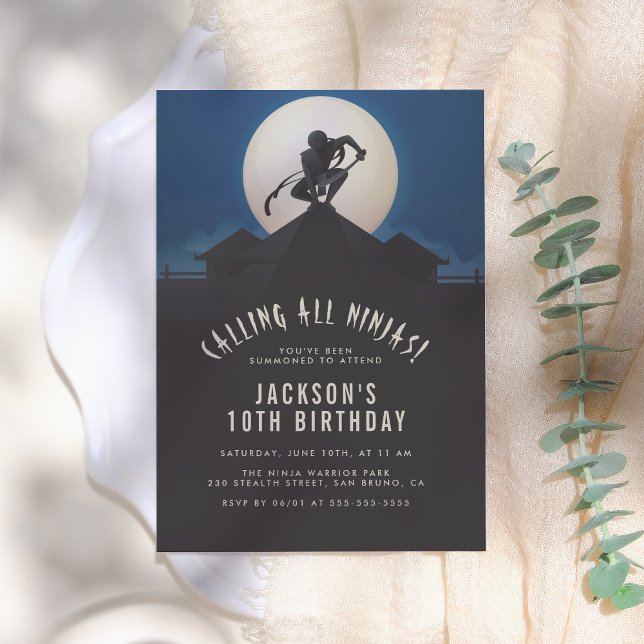 Modern Ninja on Roof Top Silhouette Birthday Party Invitation (Creator Uploaded)