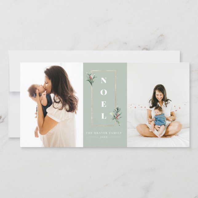 Modern NOEL Gold Winter Berry Frame Photo Holiday Card (Front)