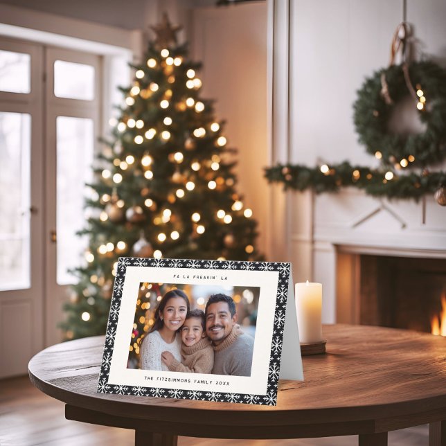Modern Nordic Black and White Photo Christmas Card (Neutral Snowflake Modern Christmas Folded Card black)