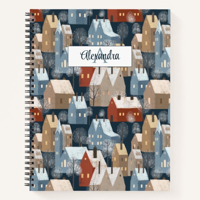 Modern Nordic Cosy Winter Town Pattern Monogram Notebook (Front)