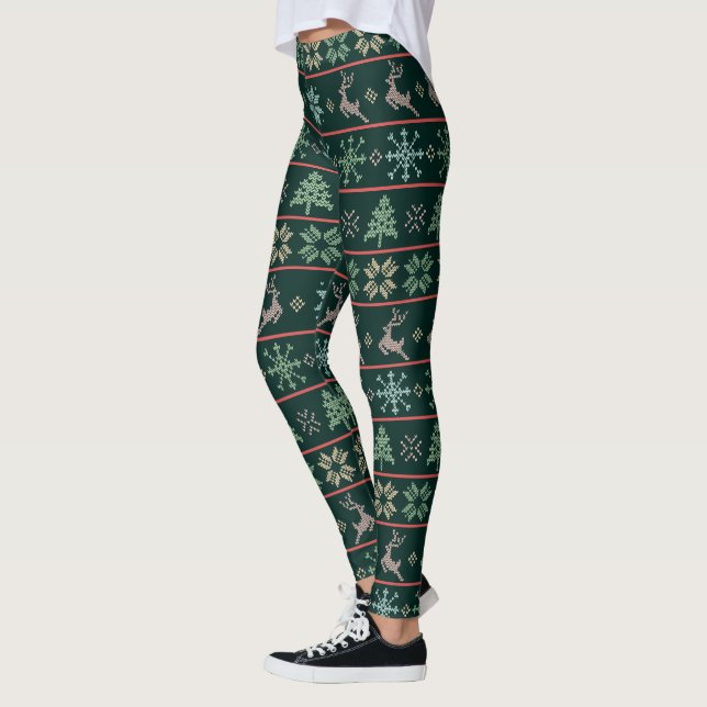 Modern Nordic Knit Pattern Fun Ugly Sweater Green Leggings (Left)