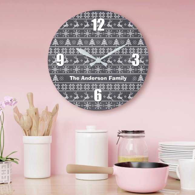 Modern Nordic Knit Ugly Sweater Chalkboard Name Large Clock (Creator Uploaded)