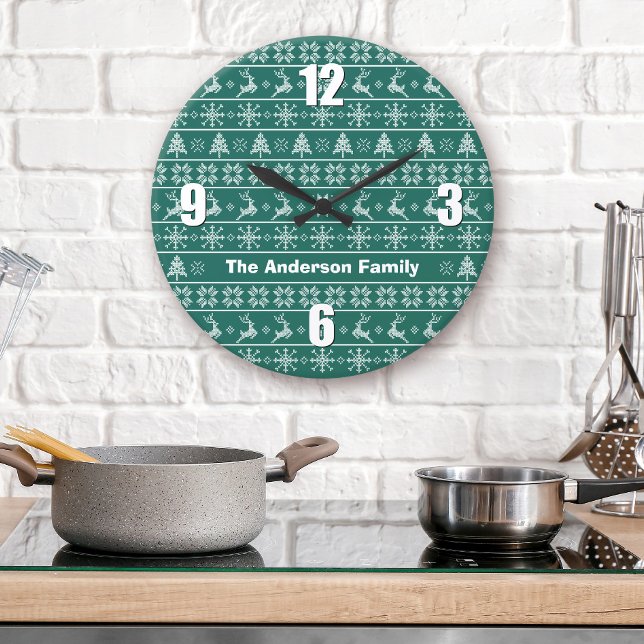 Modern Nordic Knit Ugly Sweater Green White Name Large Clock (Creator Uploaded)