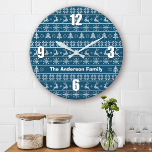 Modern Nordic Knit Ugly Sweater Navy White Name Large Clock