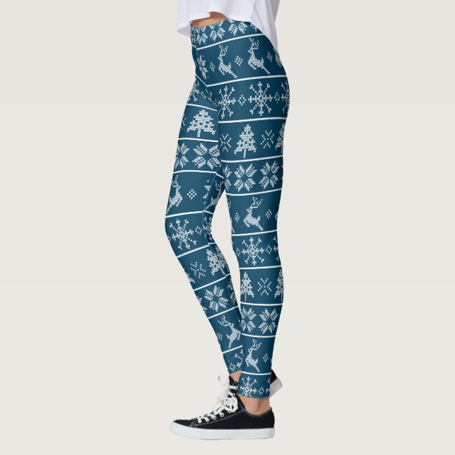 Modern Nordic Knit Ugly Sweater Navy White Pattern Leggings (Left)