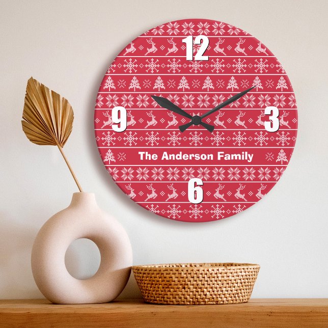 Modern Nordic Knit Ugly Sweater Red White Name Large Clock (Creator Uploaded)