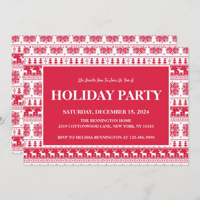 Modern Nordic Red and White Pattern Holiday Party Invitation (Front/Back)